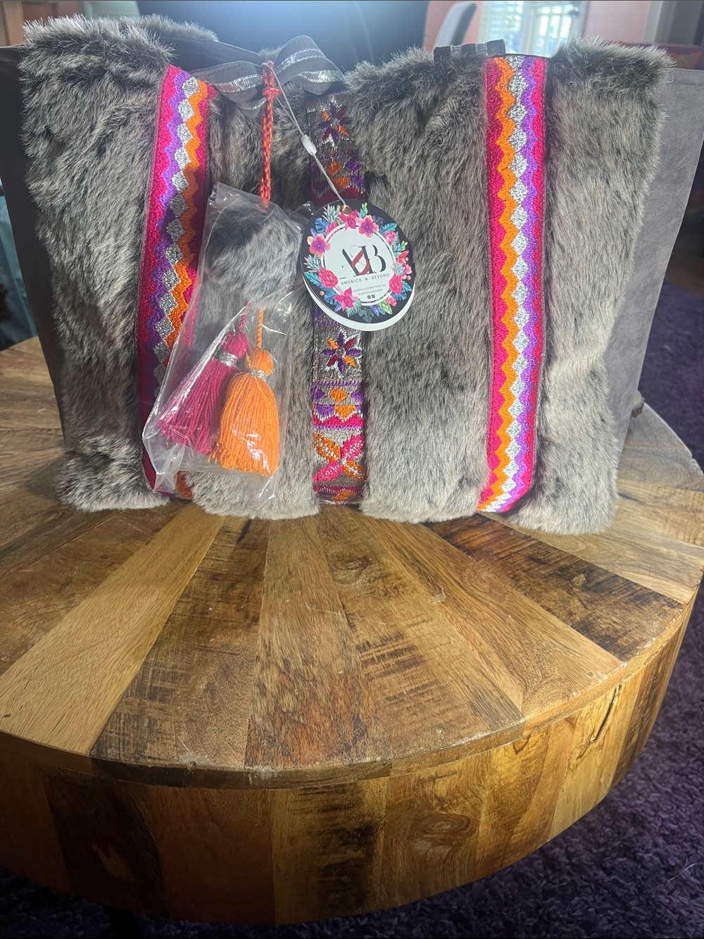 America & Beyond Frost Gray Faux Fur Embroidered Tote